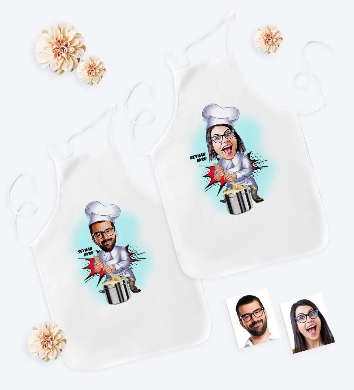 

Personalized Dual's Cook Couple Caricature Of Kitchen Apron set-4 Special Design Souvenir Beautiful Memories Friends Lovers gift