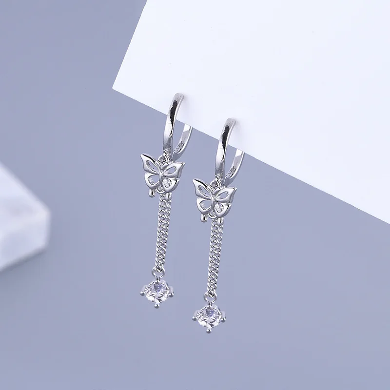 

Korean Elegant Cute Butterfly Stud Earrings For Women Rhinestone Girls Fashion Silver Color Metal Chain Jewelry Birthday Gifts