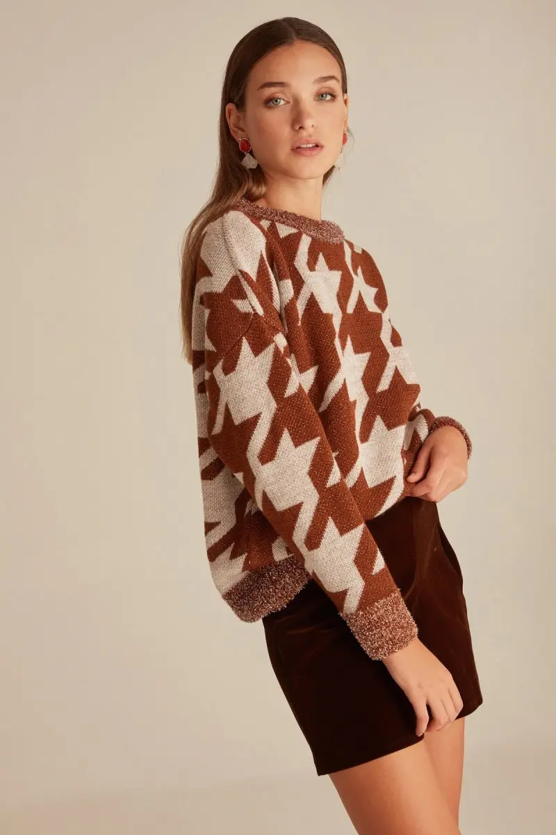 Женский коричневый кардиган с круглым вырезом и люрексом Joinus Houndstooth| |