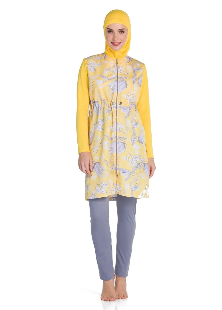 

Yellow Color Hijab Swimsuit With Long Sleeve Tights For Women 2022 New Muslim Fashion Islamic Burkini Swimsuit Made In Turkey