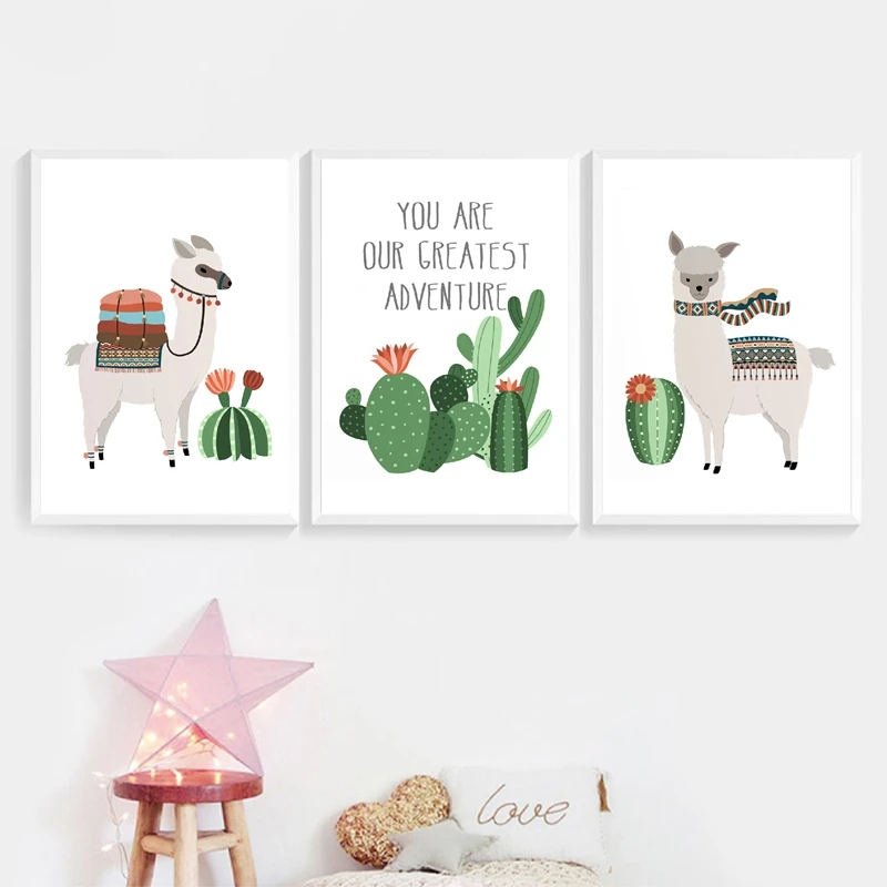 Плакаты для детской комнаты с принтом ламы, кактуса, Мультяшные плакаты, Детские приключения, цитаты, племенное настенное искусство, Картина на холсте, альпака, картины, декор детской комнаты
