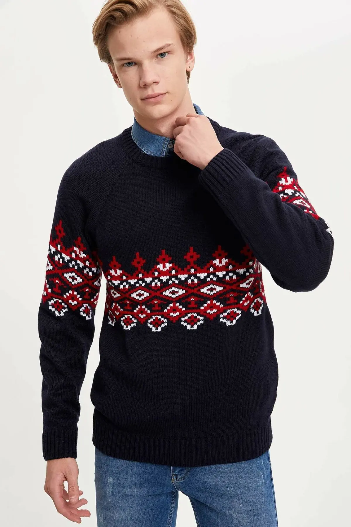 DeFacto Мужской Стильный черный вязаный пуловер с рождественскими принтами