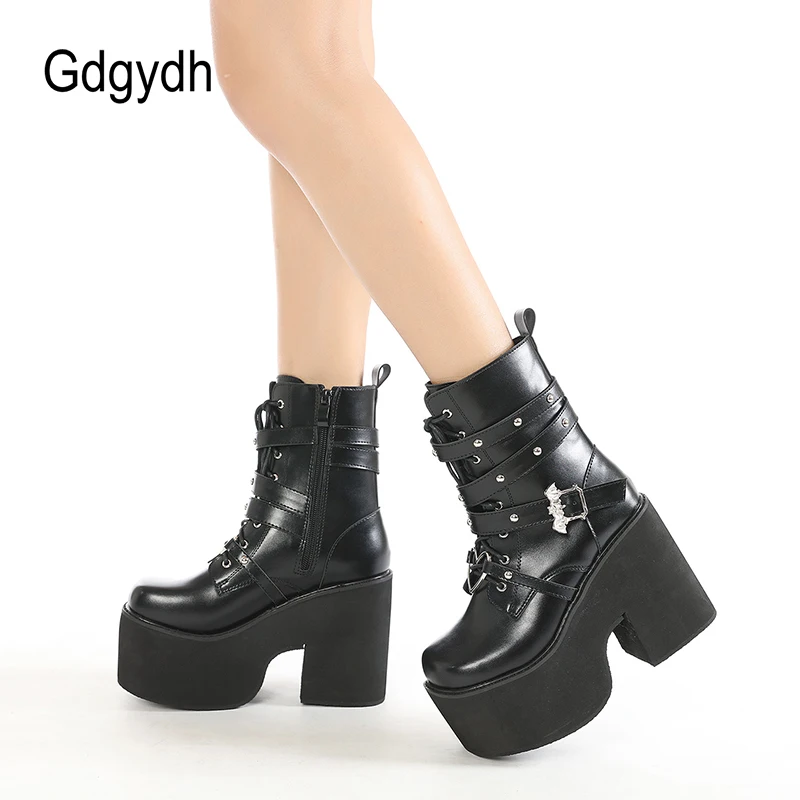 

Gdgydh Leather Women Modern Boots Gothic Style Metal Bat Dark Black Platform Mid Calf Boots Chunky Heels Sexy Fashion High Heels