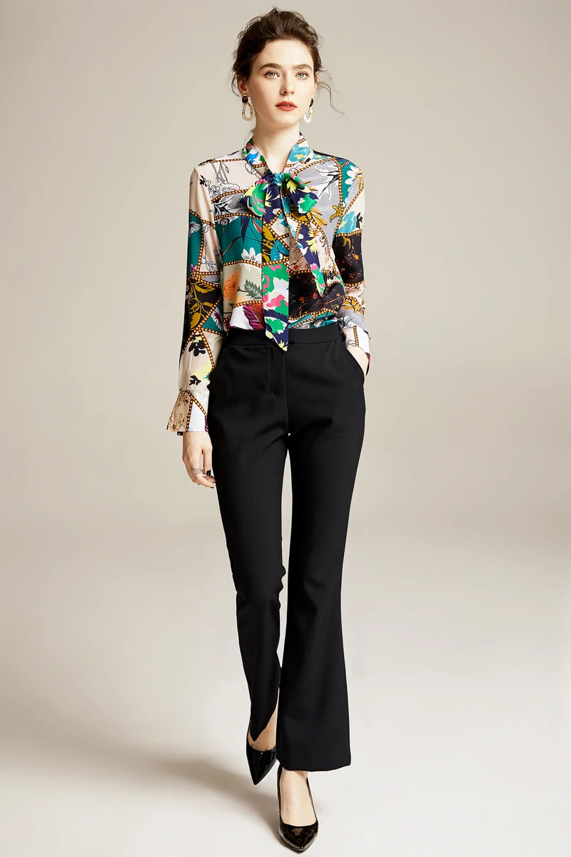 Женская модельная рубашка из 100% чистого шелка Элегантная блузка с бантом на