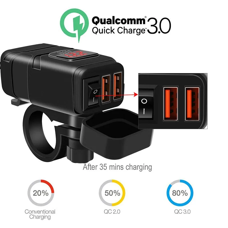 Motorcycle Quick Charger Waterproof QC3.0 Dual USB Adapter DC 12V ABS Power-off Switch Voltmeter Mobile Phone Tablet Fast Charge |