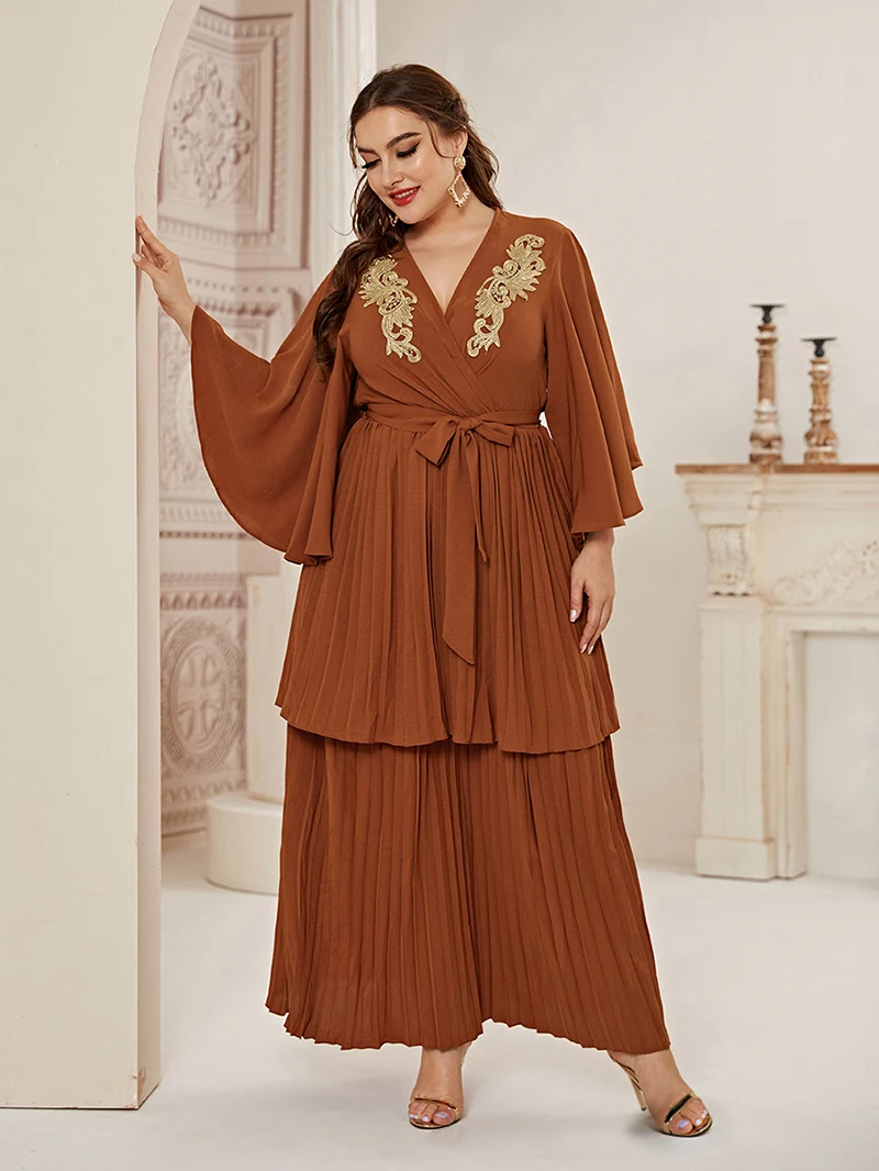 

Plus Size Women Ethnic Style Lotus Leaf Sleeve Pleated One Piece Dress