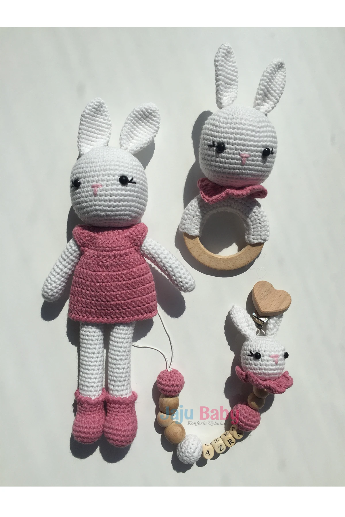 

Jaju Baby Handmade, Amigurumi Pink Rabbit 29 cm Pacifier Chain with Rattle Set of Three, Custom Pacifier Chain with Name