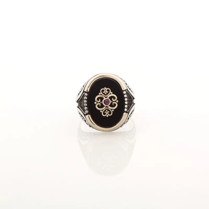 

925 Sterling Black Onyx Motif Silver Ring Fashion Turkish Premium Quality Handmade Jawelery