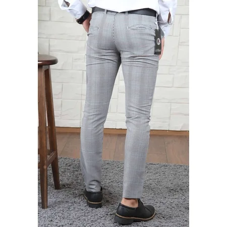 

MEN 'S PLAID SIDE POCKET MALE CLOTH TROUSERS GRAY-RED GRAY-RED 452979575