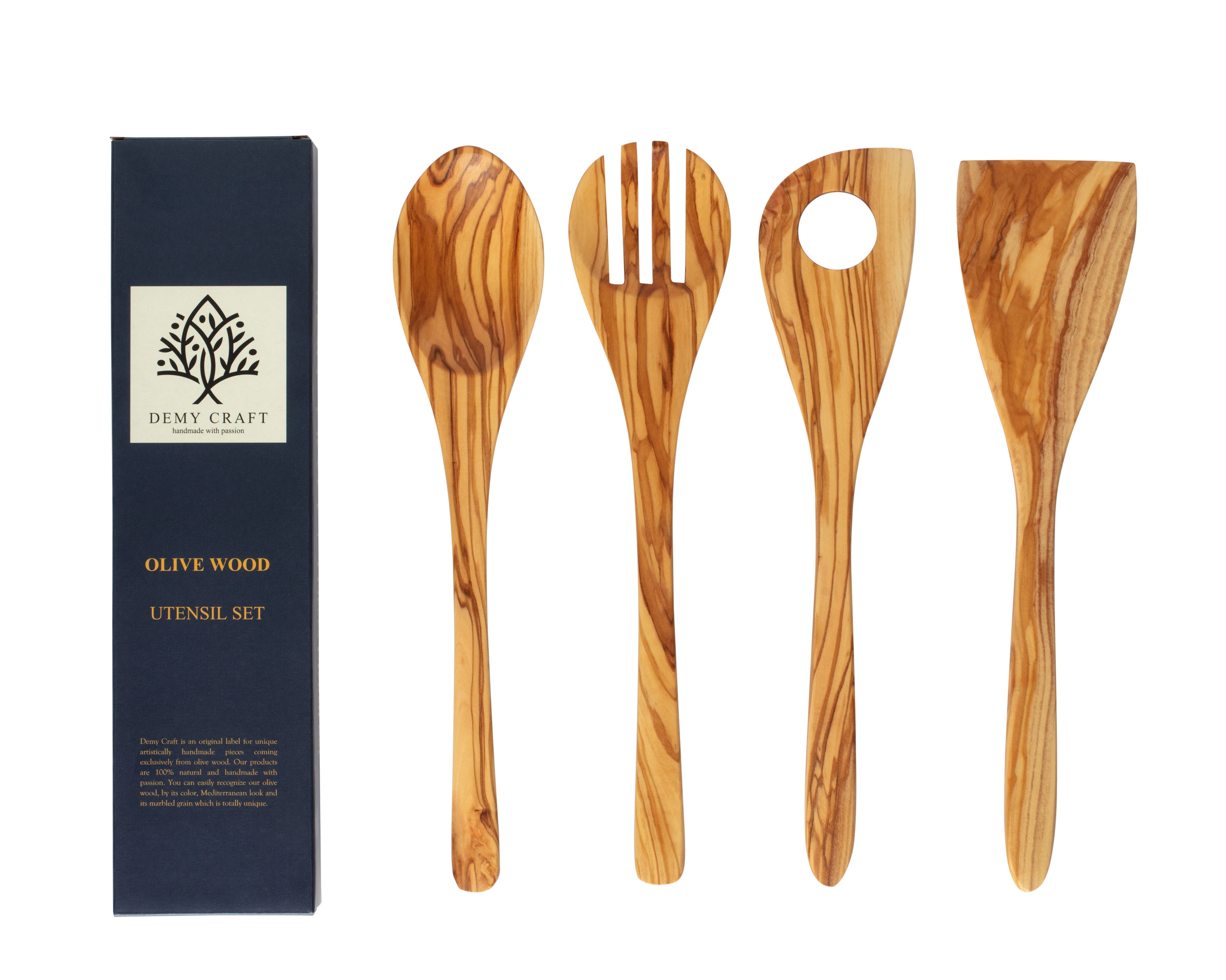 

Olive Wood Cooking Utensils, Handcrafted in Europe, 12 Inch / 30 cm. 4 Pieces Set, Wooden Spoon, Slotted Spatula, Spatula, Fork