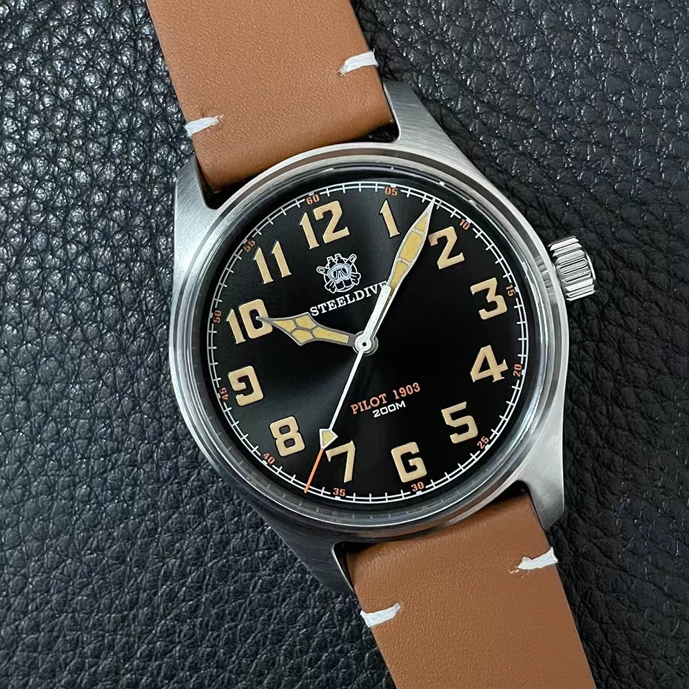 Часы-авиаторы Steeldive 39 мм кварцевый механизм военный простой модный стиль кожаный