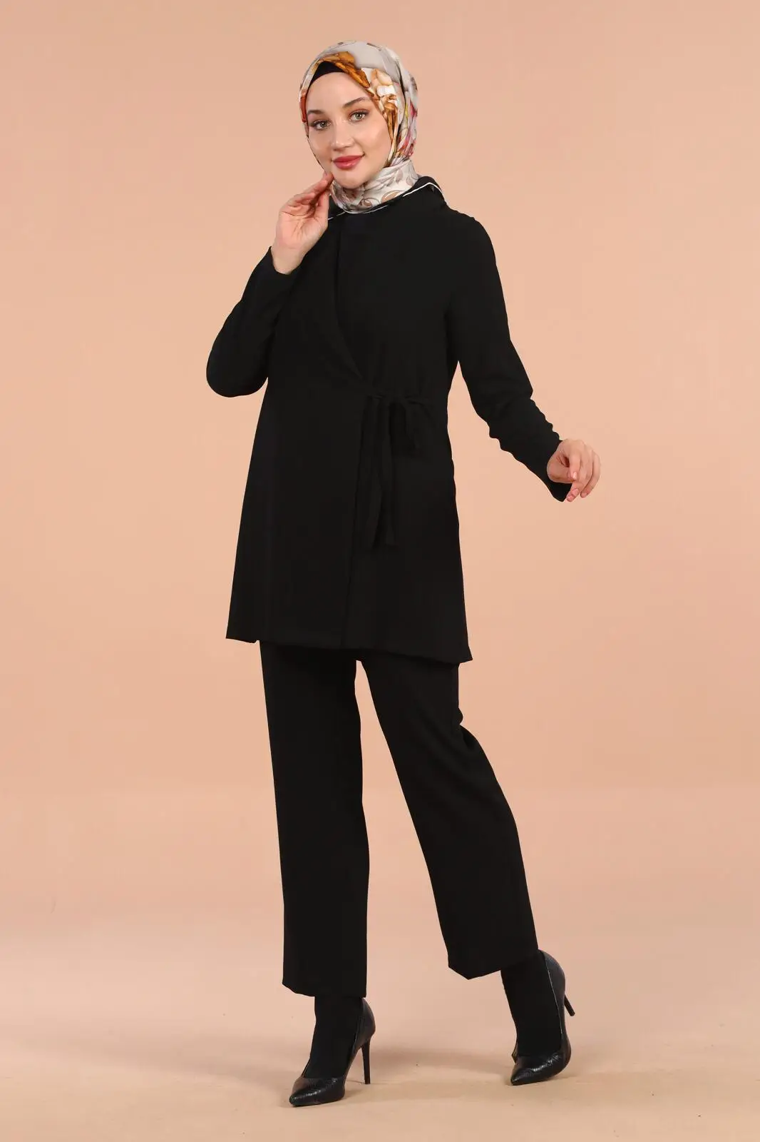 

Crepe fabric double suit side tied trouser suit muslim fashion