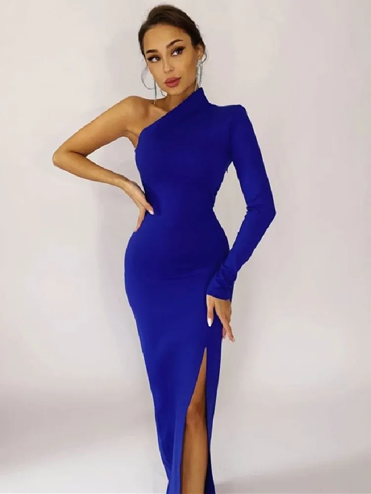 

Elegant Maxi Dress Women Fashion One Shoulder Bodycon Dress 2022 Summer Sexy Split Formal Evening Party Dress Blue Long Outfits