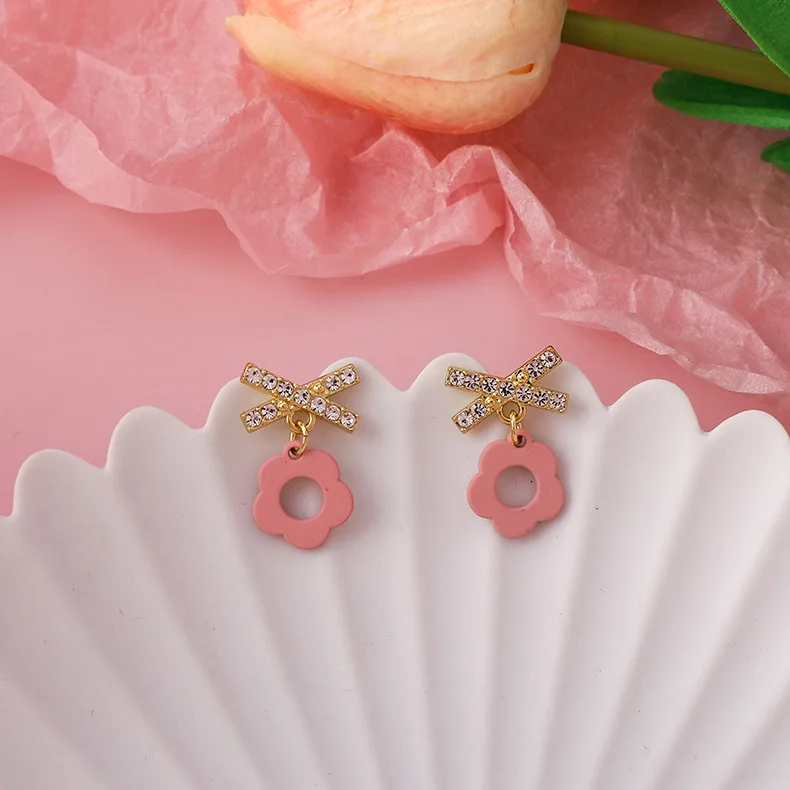 

Pink small fresh style bowknot flower earrings female temperament earrings