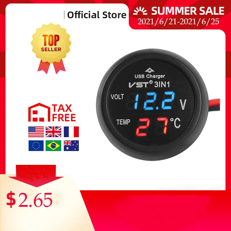 

12V/24V Digital Meter Monitor 3 in 1 LED USB Car Charger Voltmeter Thermometer Car Battery Monitor LCD Digital Dual Display