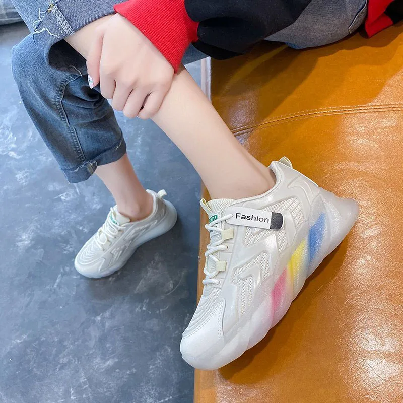 

WDZKN Fashion Women Sneakers 2021 Breathable Air Mesh Lace Up Rainbow Sole Daddy Shoes Trend Chunky Platform Vulcanized Shoes