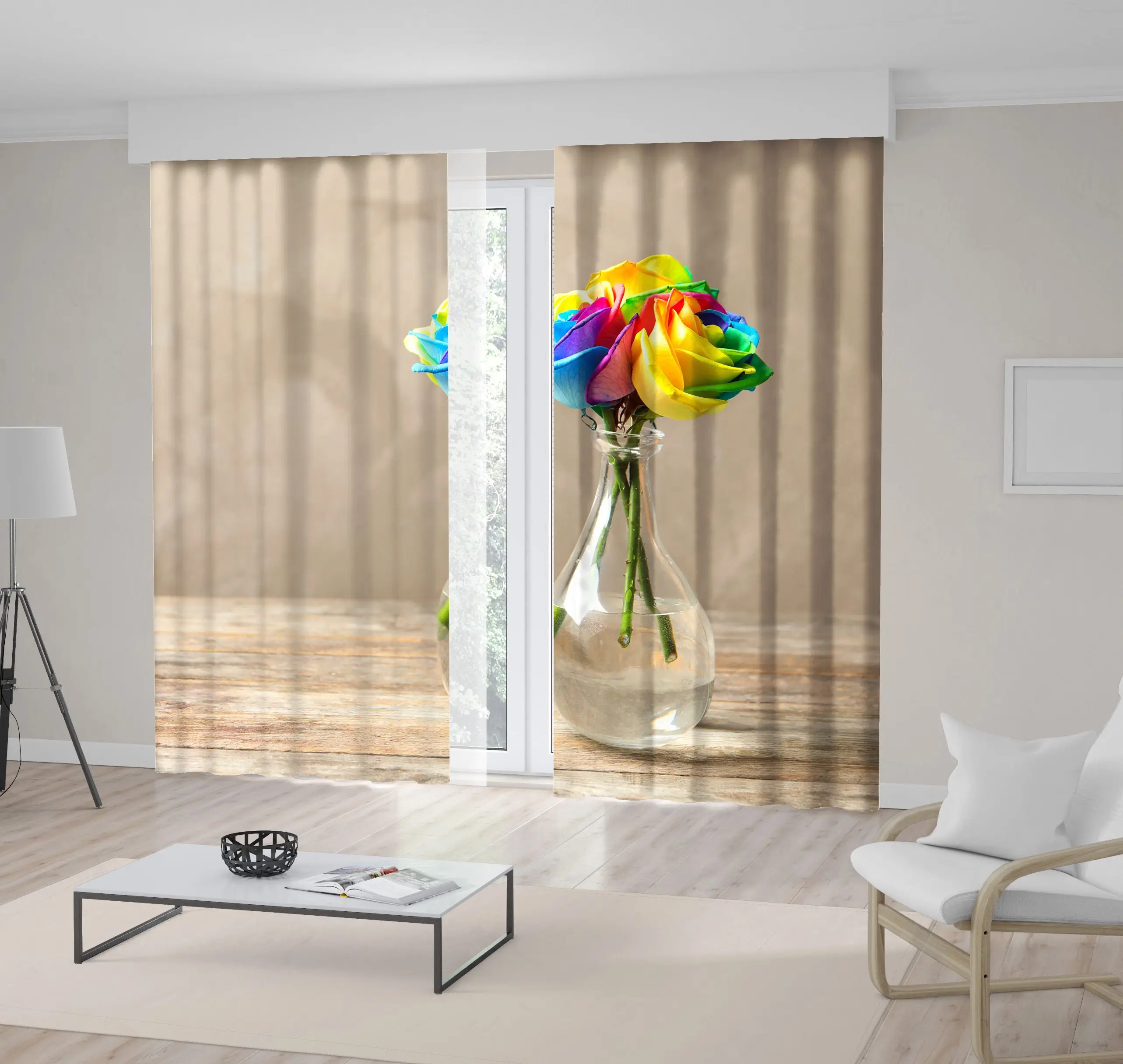 

Curtain on Rainbow Rose Flowers with Vase Table Beige Wall Wooden Table Art Green Red Blue