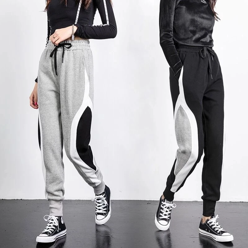 

Women Fashion Jogger Pants Female Korean Black Grey Spliced High Waist Drawstring Trousers Ladies Casual Slim Pants