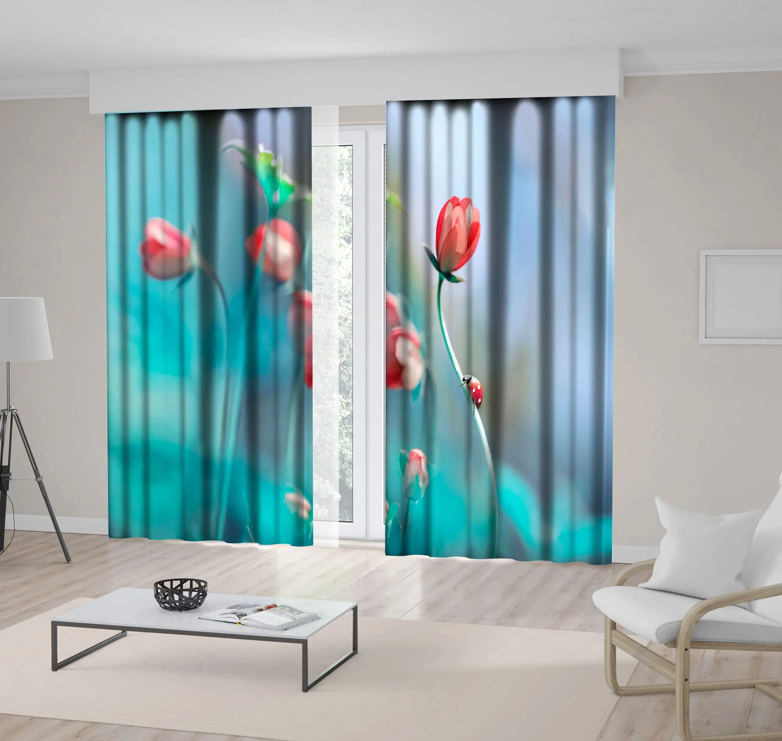 

Curtain Tenderness of Nature Flowers and Ladybug in Spring Outdoors Magical Artistic Image in Soft Colors Red Blue Green
