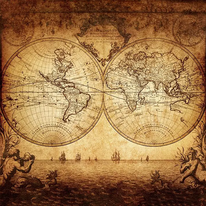

Curtain World Map Atlas Ancient History Mystic Symbols Antique Style Artwork Printed Brown Beige