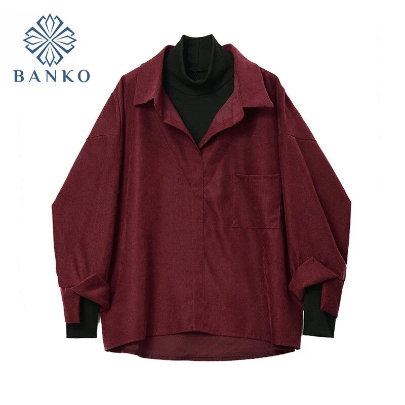 

Fake Two Piece Shirt Women Patchwork Turtleneck Turn-down Collar Autumn Winter Casual Lady Long Sleeves Female Loose Blouse Tops