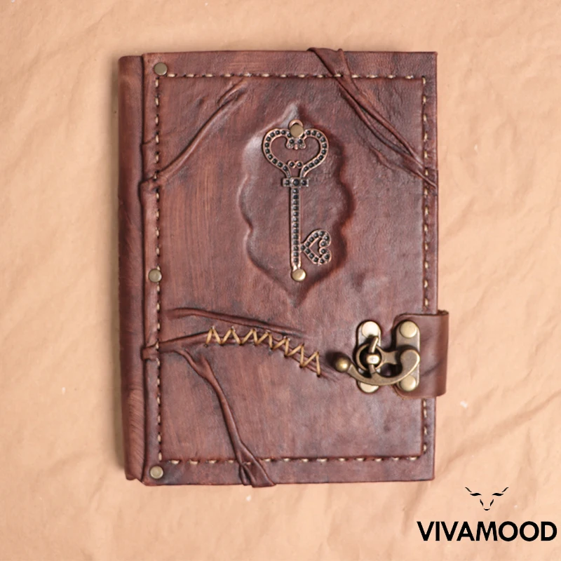 Vintage Leather Journal & Notebook Key Embossed Notepad - Leather Diary With Lock - Poetry Leather Book, Travel Journal Book