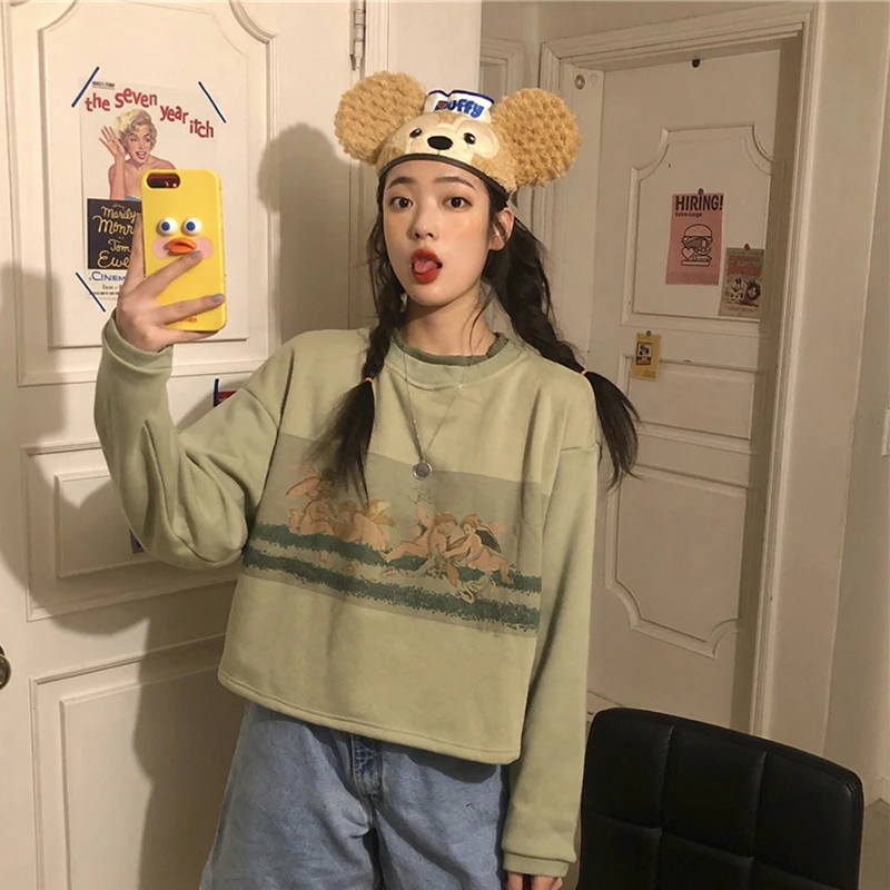 Ангелы мультфильм печати Harajuku Осень и зима толстый женский укороченный свитер корейский стиль свободный негабаритный пуловер