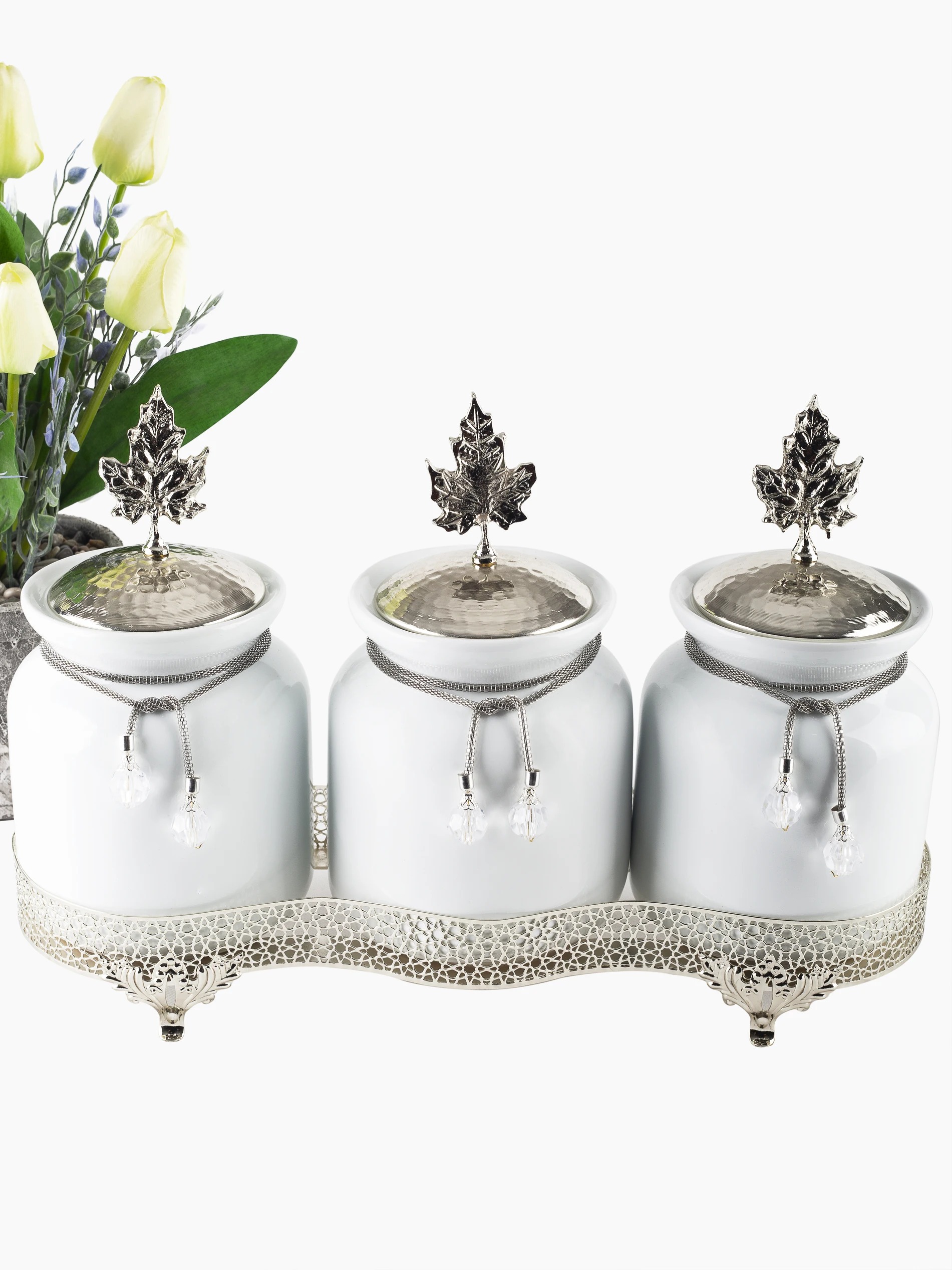

3 Piece Porcelain Spice Coffee Tea Rice Storage Jar Silver Colour Kitchen Set Classical Design Luxury Metal Stylish Decorative
