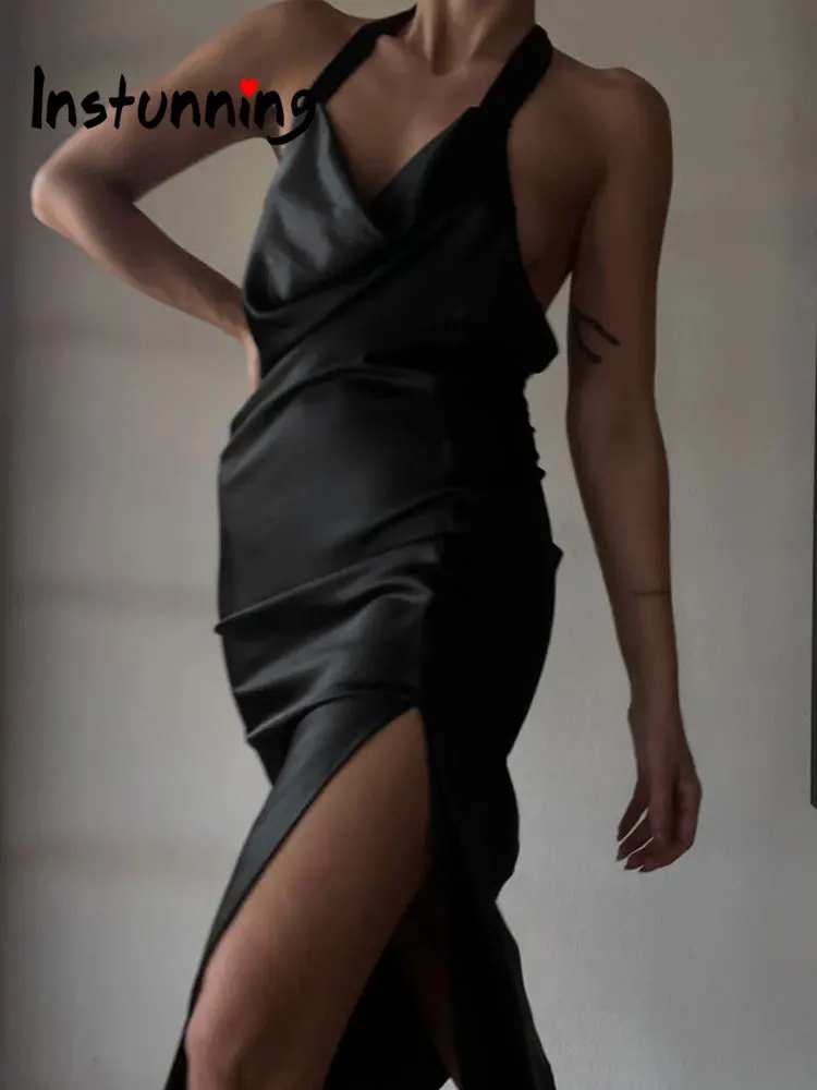 

Instunning Elegant Satin Black Solid Dress Women Sleeveless Backless Halter Slit Midi Dresses 2022 Party Outfits Female Clothes