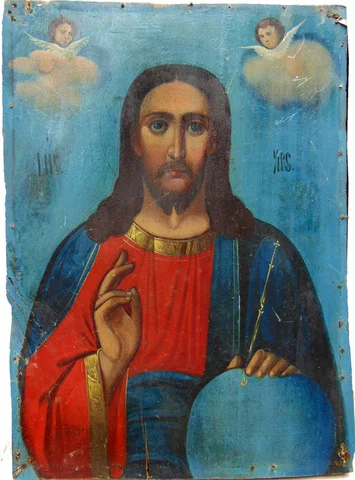 Господь Вседержитель. Дерево, масляные краски. Размер 25 х 35 см. Российская империя, Кубань. Конец
