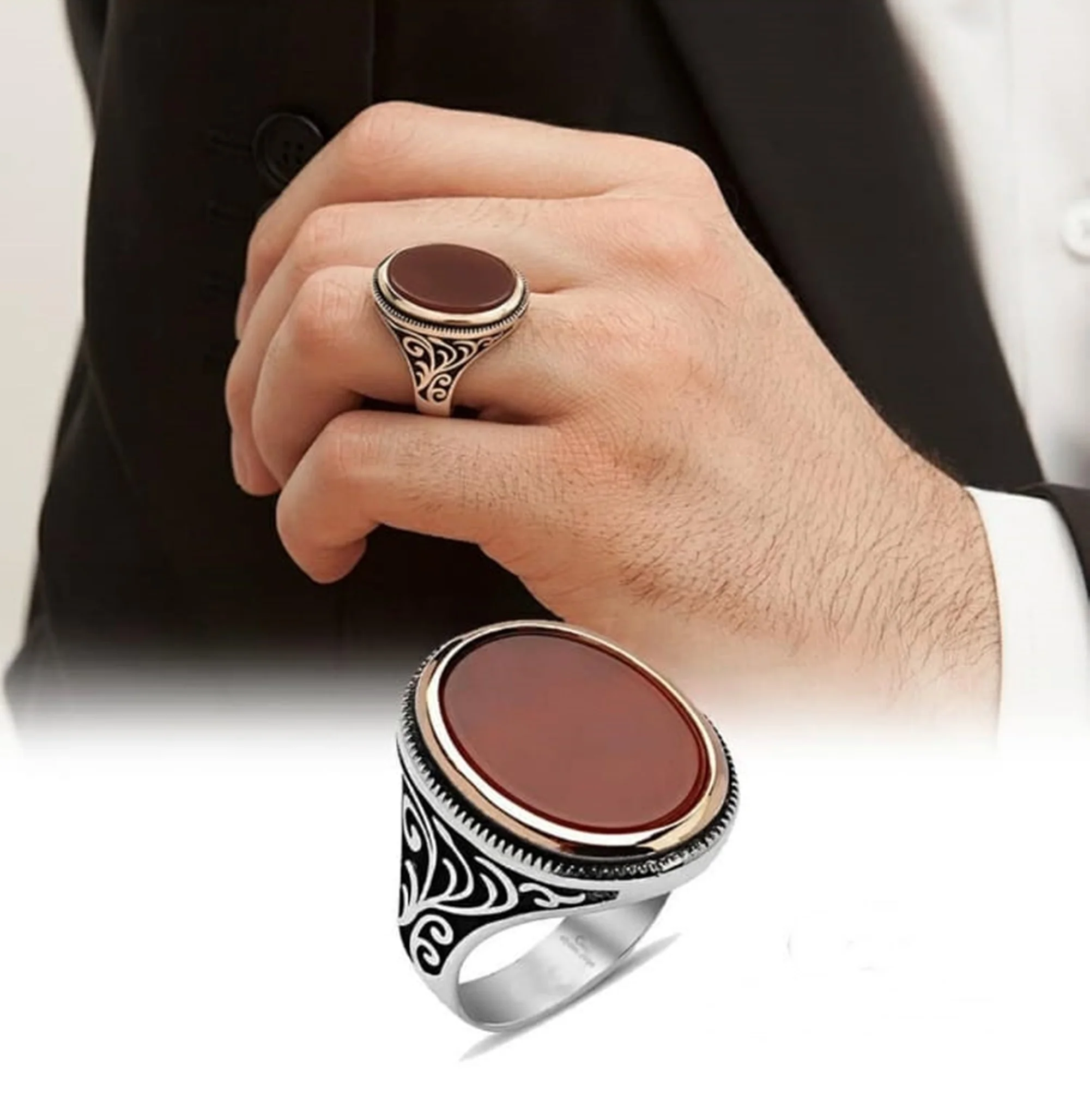 Birthday Gift 925k Sterling Silver Ring Turkish Handmade Anchor Men Ring Mens Handmade Ring Ottoman Mens Ring Red Agate Stone