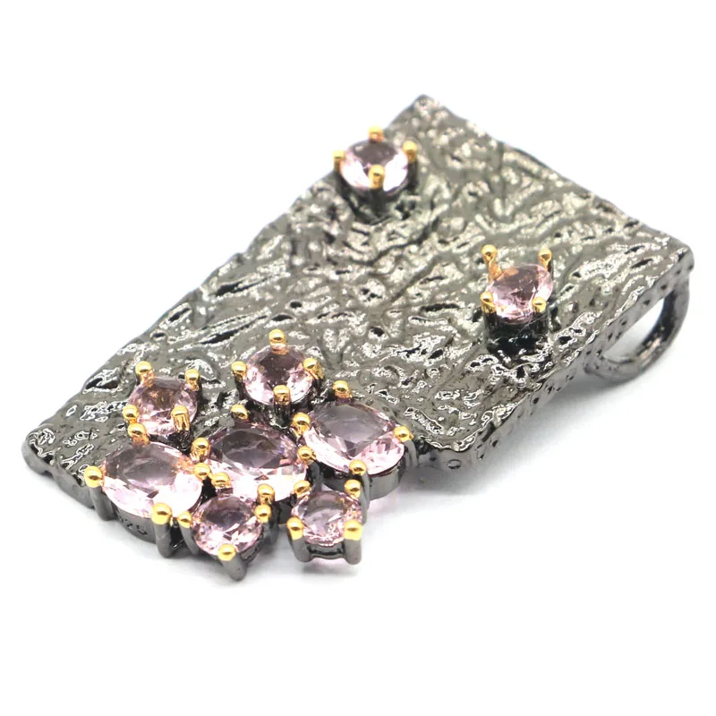 

44x26mm Sublime Antique Long Big 21g Created Pink Kunzite Gift For Man Black Gold Silver Pendant