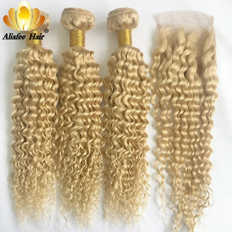 Aliafee 613 цвет волос двойной уток блонд глубокая волна пряди с закрытием или