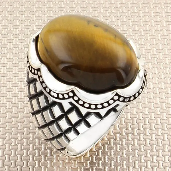 

Oval Brown Tiger Eye Stone Silver Ring Vintage Men Silver Ring With Diamond Pattern Made in Turkey Solid 925 Sterling Silver