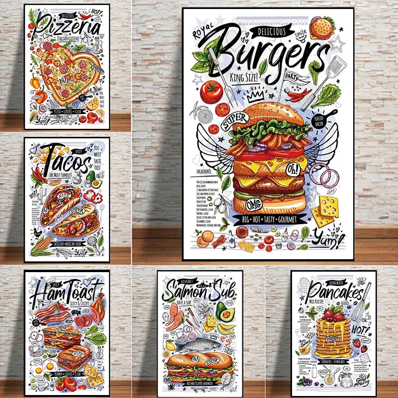 

Graffiti Fast Food Snacks Canvas Painting Pizza Hamburger Pancake Posters Prints For kitchen Dinning Room Wall Art Home Decor