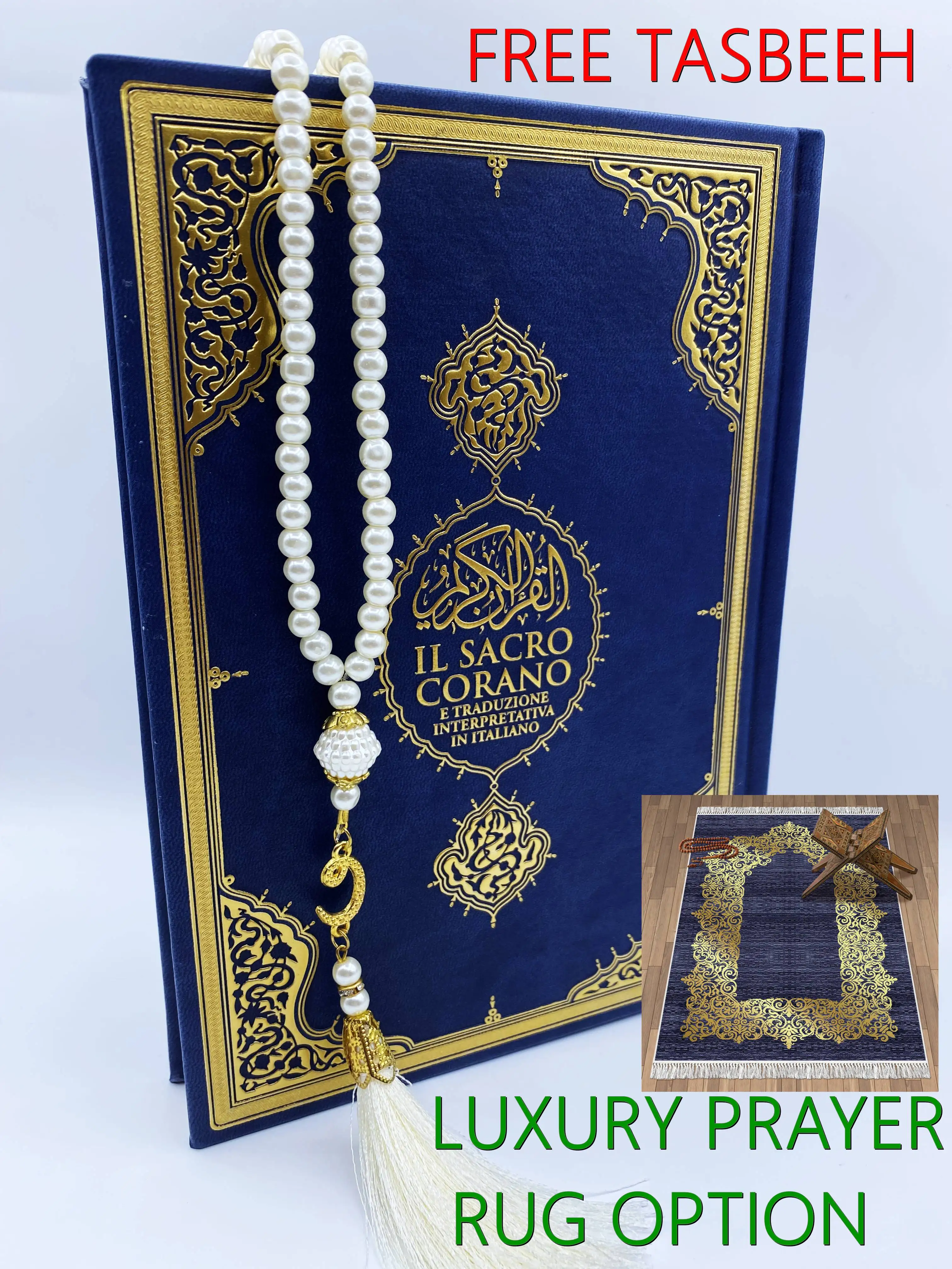 

Quran and Italıan Translation Prayer Rug & Tasbeeh Islamic Muslim Ramadan Eid Gift Book Arabic Il Sacro Corano Leather Covering