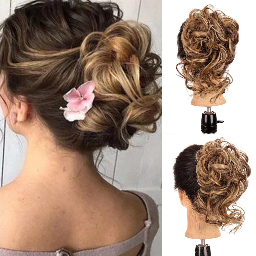 

DIANQI Synthetic Fibe Chignon Fluffy Curls Ponytail Wig for Woman Party Daily Use Hair Elastic Short Blond&Light Brown