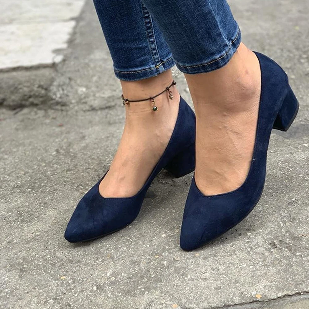 

Navy Blue Suede Low Thick Heels for Women Casual Dress Shoes Woman Chunky Heels for Women 5 cm Heels Pumps