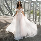 Свадебное платье принцессы из мерцающего тюля, с V-образным вырезом, с подкладкой цвета шампанского, с открытой спиной и бисером, 2021