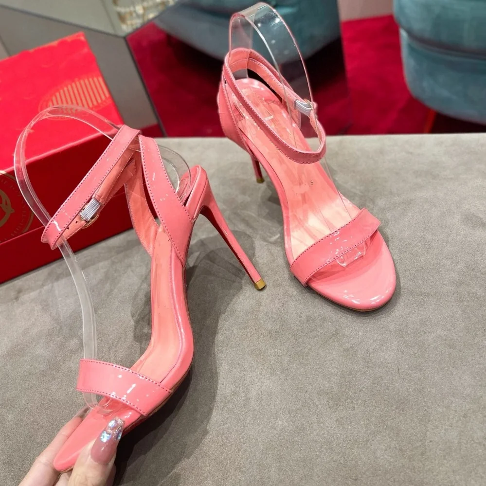 

Pink Patent Leather Sandals Stiletto High Heel Open Toe Ankle Buckle Strap 2022 New Arrivals Sandals Solid Fashion Shoes