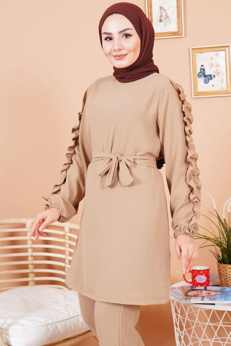 Женский комплект из двух предметов топ и брюки с оборками длинным рукавом