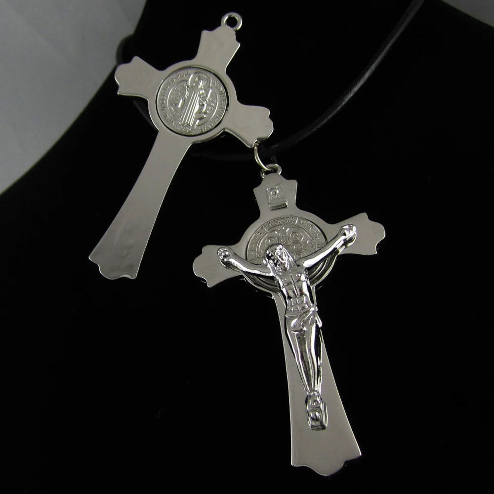 Высокое качество Серебряный Крест Святого Бенедикта Распятие с кожаным
