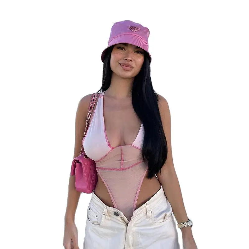 

2022 Mesh Patchwork Women Thong Bodysuit V Neck Halter Bodycon Sexy Streetwear Party Club 2022 Summer Clothes Festival Body