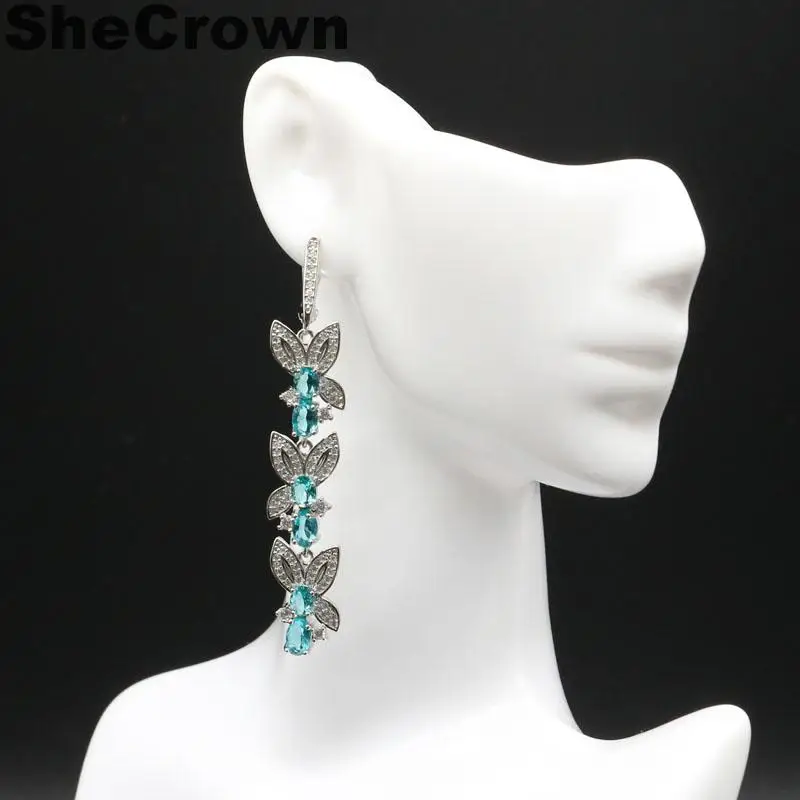 65x11mm Romantic Long Created Rich Blue Aquamarine Natural CZ Silver Earrings
