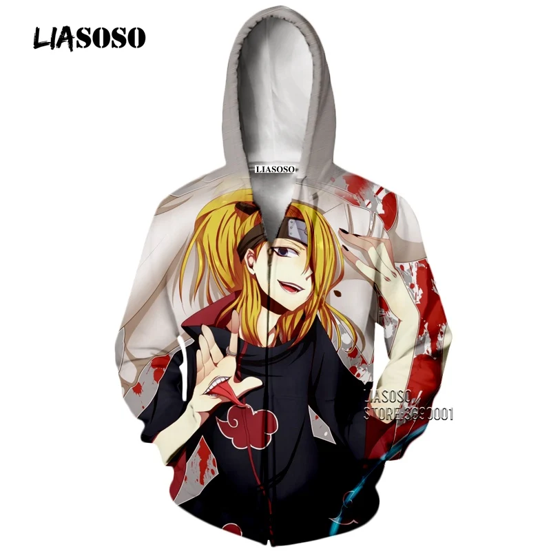 LIASOSO 3D принт унисекс аниме Наруто Akatsuki Учиха Итачи Дейдара боль толстовки с капюшоном Кофты на молнии X2650