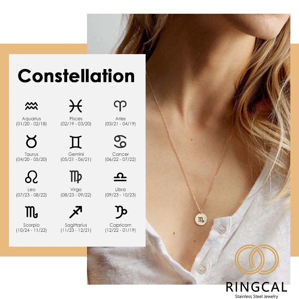 

Ringcal Custom Gold Color Stainless Steel Horoscope Necklace Women Trendy Zodiac Pendants Choker Necklace women Fashion Jewelry