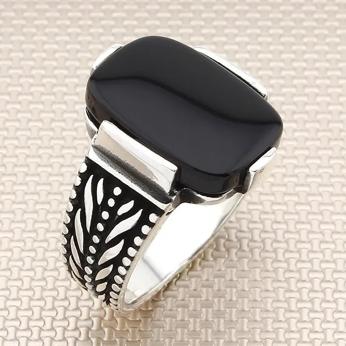 

Oxidized Big Rectangle Black Onyx Stone Men Silver Ring Made in Turkey Solid 925 Sterling Silver