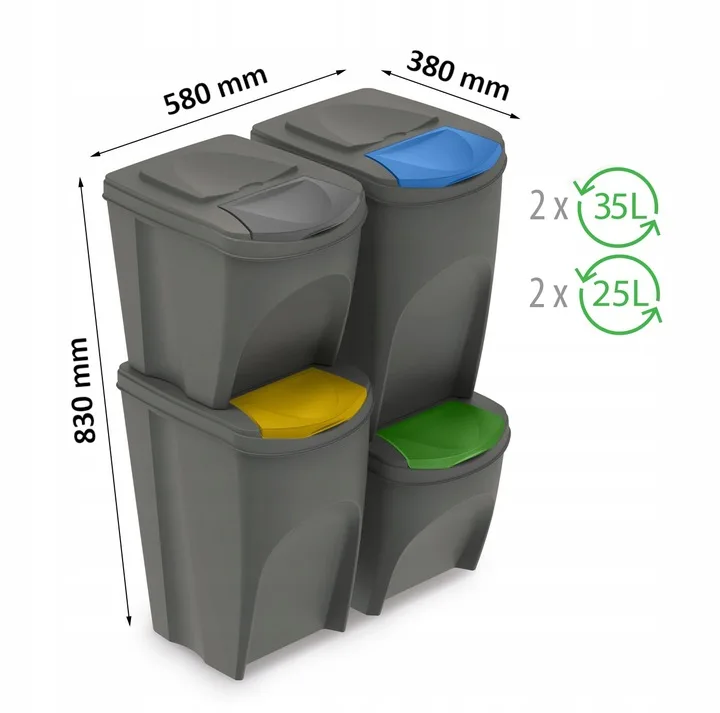 Набор из 4 контейнеров для мусора/рециркуляции 120L (2x35L и 2x25L) пластиковый