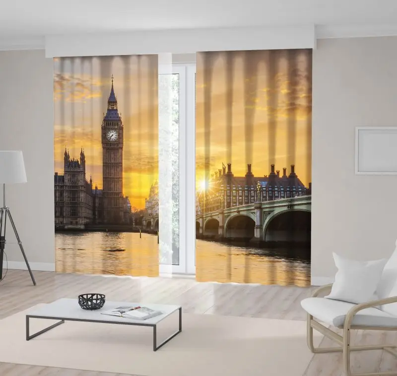 

Curtain Big Ben and Westminster Bridge Sunset at London, UK Historic Capital City Evening View Yellow Brown