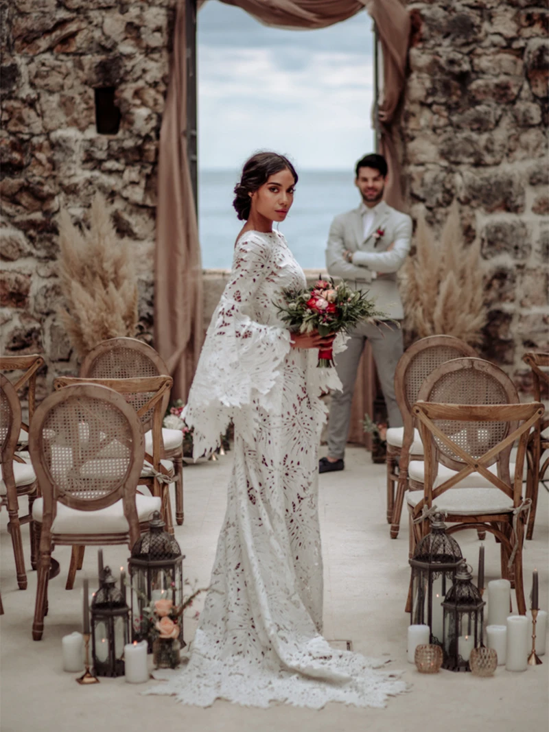 Boat Neck Mermaid Cut Out Lace Wedding Gowns Boho Long Batwing Sleeves 2021 Custom Made Backless Ceremony Plus Size Bridal Dress